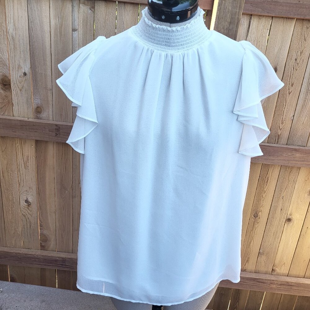 1. State women's ivory flutter sleeve flowy smocked neck top size medium